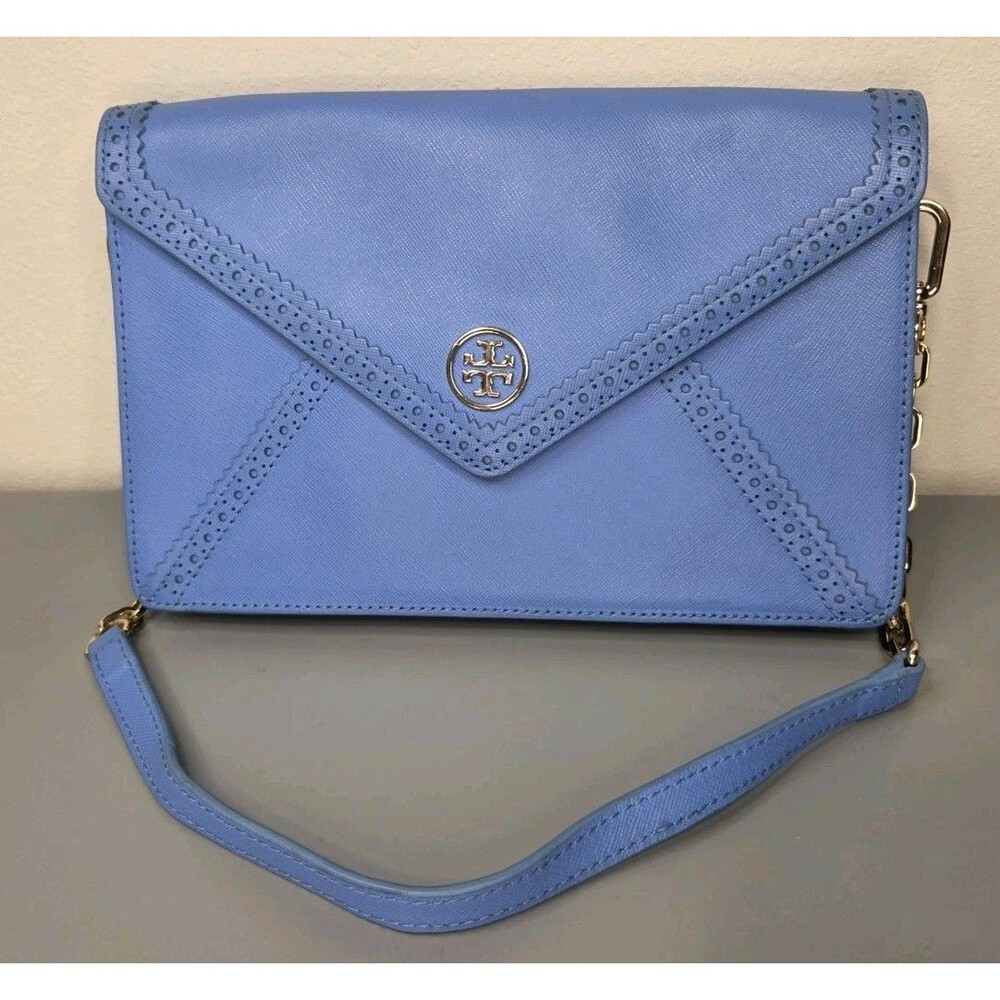 Tory Burch Envelope Clutch Crossbody Chain Purse Handbag Periwinkle Blue